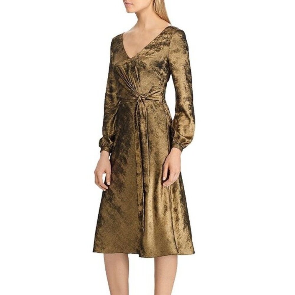 NWT! Ralph Lauren Gold Metallic V-Neck Dress Size 10 Holidays New Years Cocktail